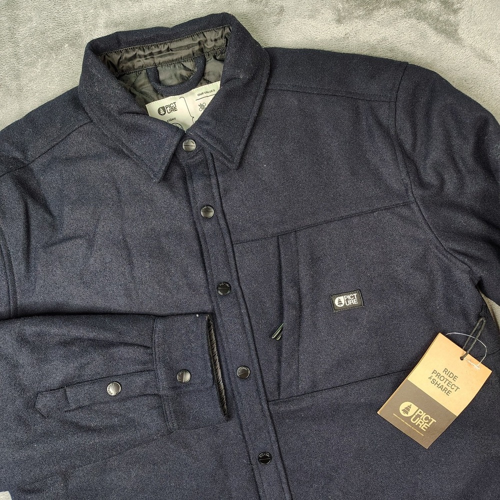 Picture Organic Coltone Shirt Mens XL Dark Blue Wool Blend Quilt Lined $165 MRSP